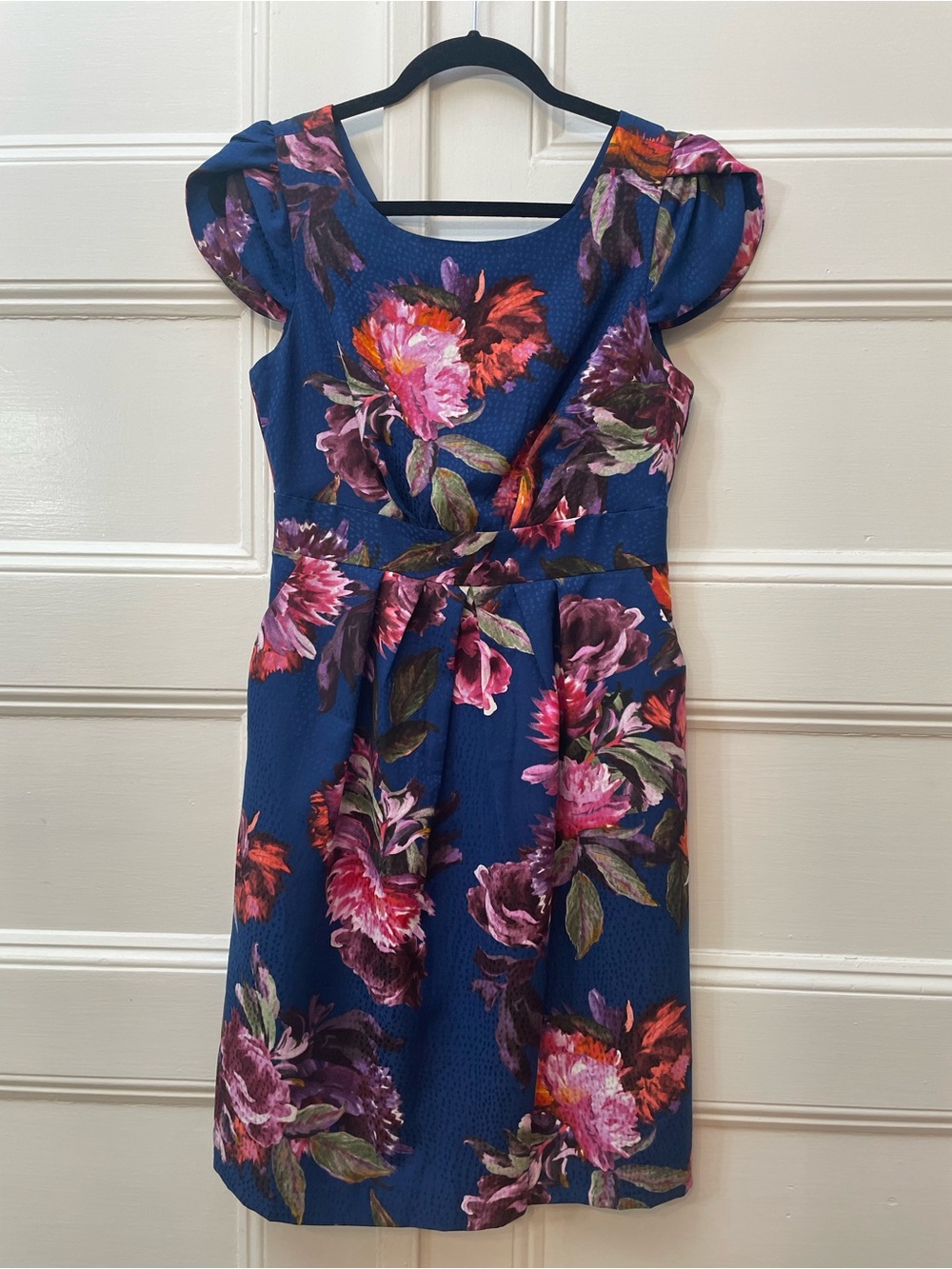 Anthropologie Moulinette Soeurs Navy Midi Dress with Pink & Purple Floral Print